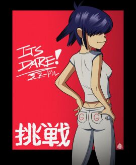 asian asian_female ass ass_focus blue_hair breasts clothed clothed_female female female_only gorillaz hands_on_hips harrisartz noodle_(dare) noodle_(gorillaz) small_smile teenage_female teenager