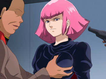 1girls breast_grab breasts female gundam gundam_zz haman_karn pink_hair salmon_knight short_hair