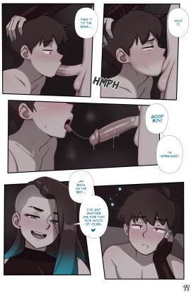 2boys 2d balls big_balls big_penis black_hair blowjob blue_eyes blue_hair blue_nails cock color comic comic_page dark_hair deepthroat dialogue dick dross english_text erect_penis erection fellatio femboy femboy_on_male femboydom gay gloves irrumatio jewels_(dross) josou_seme looking_at_viewer male male/male male_only male_penetrated male_penetrating male_sucking_femboy male_with_painted_nails multicolored_hair original original_characters painted_nails penis pov rory_(dross) saliva sapphire_(dross) speech_bubble teasing tight_clothing yaoi