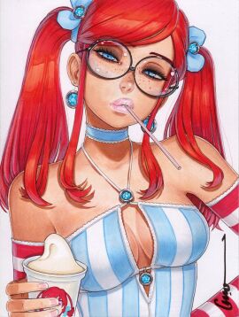 1girls 2d bare_shoulders black-framed_eyewear blue_choker blue_dress blue_eyes breasts choker dress drinking_straw drinking_straw_in_mouth female freckles glasses highres holding long_hair looking_at_viewer medium_breasts omar_dogan pink_lips red_hair round_eyewear sidelocks signature simple_background sleeveless sleeveless_dress solo striped_clothes striped_dress two-tone_dress upper_body wendy's wendy_thomas white_background white_dress