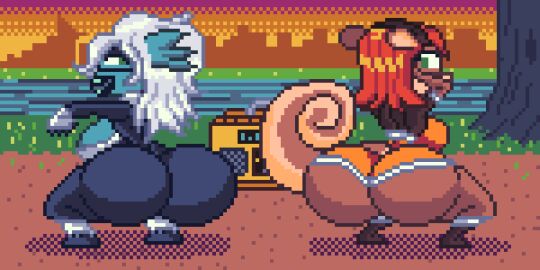 2girls animated anthro arms_up ass ass_clapping big_ass big_breasts black_cat_(cosplay) bouncing_breasts breasts bubble_ass bubble_butt catfish clapping_cheeks clothing fat_ass female female_only fish furry gif gold_boombox_(prevence) green_eyes hands_behind_head huge_ass jacalope large_ass looking_back marvel marvel_comics mask orange_hair pixel_animation pixel_art squirrel squirrel_girl_(cosplay) tail thick_ass thick_thighs twerking white_hair wide_hips