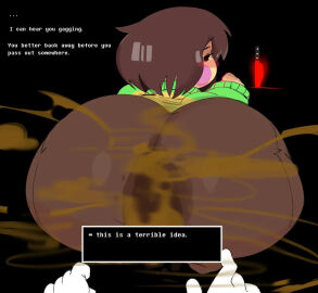 blush brown_hair brown_shorts chara chara_(undertale) fart fart_cloud farting farting_at_viewer green_shirt knife novacartridge_(artist) onomatopoeia text undertale wet wet_fart