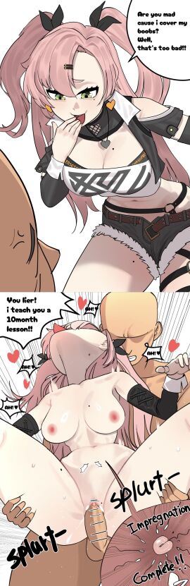 ahe_gao ahoge arrogant ass big_ass big_breasts big_butt big_penis brat bratty_correction breasts correction cum cum_in_pussy cum_inside cunning_hares female fertilization full_nelson fur-trimmed_shorts green_eyes impregnation instant_loss instant_loss_2koma male nicole_demara orgasm orgasm_face penis pink_hair pussy sex smug smug_expression smug_face smug_grin smug_smile straight text text_box text_bubble tongue tongue_out zenless_zone_zero