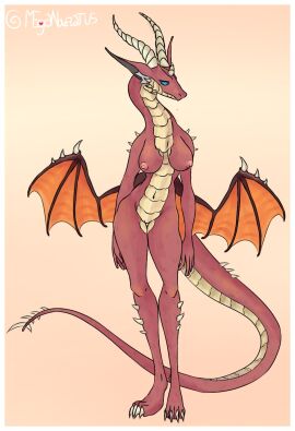 2025 bald blue_eyes breasts dragon female female_focus furry horns mega_novelatus naked nonsexual_nudity red_body scalie spikes tagme tail wings