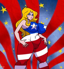4th_of_july american_flag artist_signature belly belly_bulge belly_button big_breasts blonde_hair blue_eyes breasts busty cel_shading coonskin curvaceous detailed_background eyelashes eyeshadow female freckles glossy_eyed large_breasts light-skinned_female light_skin lipstick long_hair marigold_(coonskin) miss_america_(coonskin) nipple_bulge nipples parted_lips puffy_lips pussy ralph_bakshi rustysh4ckl3ford seductive seductive_eyes seductive_look seductive_pose seductive_smile signature simple_shading skinsuit stars stripes text thick_thighs tight_clothing tights vagina very_high_resolution voluptuous vulva