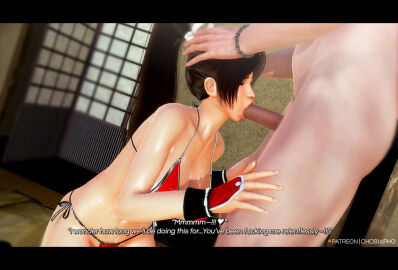 1boy 1girls 3d 3d_(artwork) blowjob chobixpho dead_or_alive english english_text fatal_fury fellatio female king_of_fighters kneeling kneeling_blowjob kneeling_female kneeling_on_ground kunoichi mai_shiranui male snk