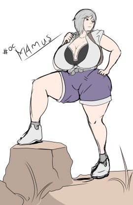 big_breasts bra_visible_through_clothes breasts female grey_hair huge_breasts mamus oc red_eyes short_hair shorts tagme thick_thighs