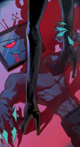 2boys abs blue_eyes claws drooling gay grinning hazbin_hotel high_heels male muscular muscular_male pecs red_sclera topless valentino_(hazbin_hotel) vox_(hazbin_hotel)