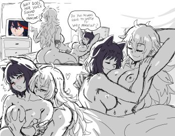 2girls absurdres after_sex ass bed bedroom black_hair blake_belladonna blonde_hair breasts canon_couple casual cat_ears closed_eyes completely_nude cuddling distracted electronics female grabbing_another's_breast heart highres hug human imminent_kiss kill_la_kill lewdamone looking_to_the_side matoi_ryuuko mechanical_arms monochrome multiple_females multiple_girls nipples nude pale_skin pointing pussy rwby single_mechanical_arm sketch smile television yang_xiao_long yuri