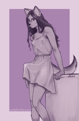 absurd_res andyfurfulz anthro black_hair breasts canid canine canis cass_(andyfurfulz) clothing domestic_dog dress english_text erection erection_under_clothing furniture futanari hair hi_res husky intersex leaning long_hair looking_at_viewer mammal monochrome nipple_outline nordic_sled_dog simple_background small_breasts smile spitz sundress table tail tenting text trans_woman transfem url