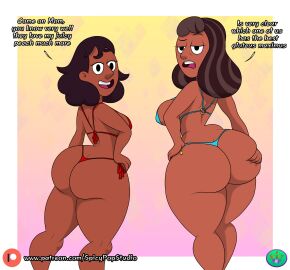 2girls ass ass_comparison ass_focus back back_view backboob big_ass bikini bikini_bottom bikini_top black_eyes black_hair blue_bikini bottomwear breasts connie_maheswaran english english_text female hair half-closed_eyes hand_on_ass hand_on_hip huge_ass large_ass legs looking_back mature mature_female milf mother_and_daughter multiple_females multiple_girls priyanka_maheswaran red_bikini sideboob smile spicypop steven_universe swimwear take_your_pick text thighs topwear
