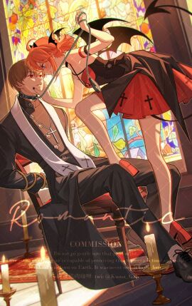 1boy 1girls alternate_costume annoyed arms_behind_back blue_eyes blush breasts candle candles chain_leash chains church collar demon demon_girl demon_horns demon_wings detailed_background embarrassed face_grab female femdom full_body fully_clothed gintama high_heels kagura_(gintama) kuma_gali leash male malesub okita_sougo orange_hair priest profile red_eyes restrained rope small_breasts smile twintails window wings