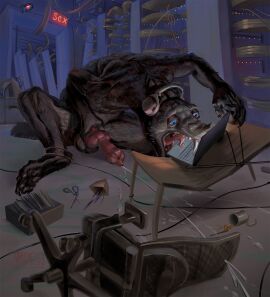 after_transformation animal_genitalia animal_penis anthro balls blue_eyes bodily_fluids canid canine canine_genitalia canine_penis canis computer cum domestic_dog electronics erection fur genital_fluids genitals headphones hi_res humor knot laptop male mammal mythological_canine mythological_creature mythology penis post-transformation solo theotormon_(artist) transformation were werecanid werecanine werewolf