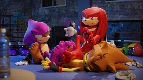 3d 5_toes anthro barefoot chameleon clothing digital_media_(artwork) echidna espio_the_chameleon eulipotyphlan fan_character feet feetymcfoot fingerless_gloves foot_fetish foot_play footjob footwear gay genitals gloves group handwear hedgehog hi_res knuckles_the_echidna lizard male male/male mammal monotreme orange_body penis purple_body red_body reptile scalie sega sex shoes shoes_removed sledge_the_hedgehog smile socks socks_removed soles sonic_(series) sonic_the_hedgehog_(series) toes