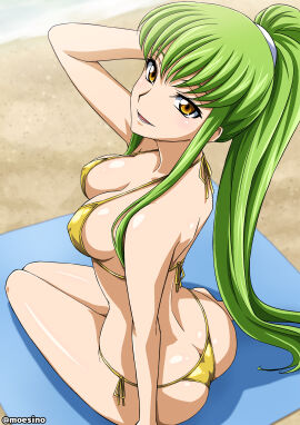 1girls absurdres ass beach beach_towel bikini breasts c.c. code_geass female from_behind gold_bikini green_hair highres long_hair looking_at_viewer looking_back medium_breasts moesino ponytail solo swimsuit towel yellow_eyes