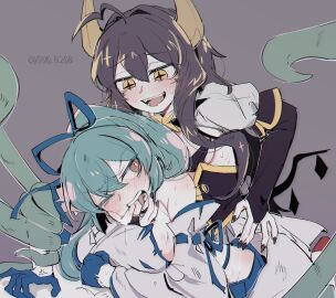 2girls after_fingering ahoge alternate_hair_length alternate_hairstyle an_sin anger_vein black_hair black_nails blue_hair blush bondage bound breasts bridal_gauntlets detached_sleeves elbow_gloves evil_smile fangs female female_pervert femdom finger_in_another's_mouth finger_in_mouth gloves hair_ribbon highres hiiragi_utena horns japanese_clothes korean_commentary large_breasts long_hair looking_at_another looking_back magia_azul magia_baiser mahou_shoujo_ni_akogarete miko minakami_sayo multiple_females multiple_girls nail_polish one_eye_closed open_mouth painted_nails pervert plant ponytail pussy pussy_juice pussy_juice_on_fingers red_eyes restrained ribbon saliva saliva_on_hand sideboob smile star-shaped_pupils star_(symbol) sweat symbol-shaped_pupils teeth tentacle tongue tongue_out torn_clothes villainess_on_heroine vines yellow_eyes yuri