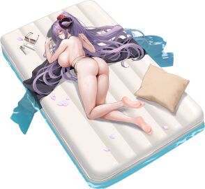 ass azur_lane back backboob bare_back bare_legs barefoot bikini bikini_bottom_only black_background black_bikini blush breasts cg demon_girl feet female flower friedrich_carl_(azur_lane) friedrich_carl_(tender_summer_care)_(azur_lane) from_behind full_body glasses hair_flower hair_ornament horns huge_breasts inflatable_raft large_breasts legs long_hair looking_at_viewer looking_back lotion lying official_alternate_costume official_art on_stomach petals petals_on_liquid pillow pointy_ears ponytail purple_hair red_eyes shoulder_blades sideboob simple_background soles solo string_bikini sunglasses sunscreen swimsuit thighs toes topless towel unworn_eyewear very_long_hair water wet