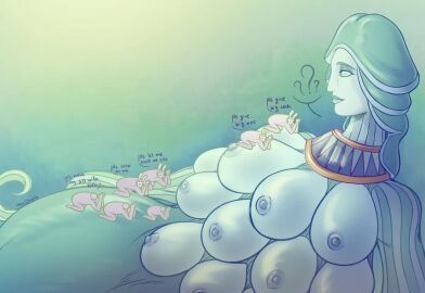 2024 ambiguous_gender blue_clothing blue_collar breasts bunnymask_(fear_and_hunger) bunnymasks_(fear_and_hunger) clothed clothing collar colored deity eldritch_abomination english_text eyebrows fear_and_hunger female glistening glistening_body green_body green_nipples group human humanoid kneeling light lighting lips lying lying_on_ground mammal mask mask_only meme mrsdaqota multi_breast nipples no_pupils nude old_god_(fear_and_hunger) on_another on_ground phallic pinup pose praying question_mark shaded signature sylvian_(fear_and_hunger) tentacle tentacle_arms text thick_thighs topless topless_female topless_humanoid white_clothing white_mask