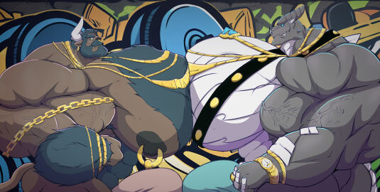 abs anthro bara biceps big_bulge big_muscles big_pecs blue_eyes bulge clock digital_media_(artwork) dragon duo flexing gold_(metal) gold_jewelry grey_body grin hi_res huge_bulge huge_muscles huge_pecs hyper hyper_bulge hyper_muscles hyper_pecs jewelry kardukk kardukk_(artist) kobold male male/male multicolored_body muscles muscular muscular_anthro muscular_male mythological_creature mythological_scalie mythology nipples pecs reptile scalie shaded simple_background smile spikes sukiyo_(biggyberserker) teasing teeth two-tone_body vein watch white_body yaoi