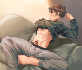 1boy arm_up bar_censor barefoot black_shirt blush brown_eyes brown_hair bulge censored clenched_hand clothes_lift commentary_request couch crotch_seam drawstring dutch_angle erection feet gay gay_male grey_pants hand_under_clothes hand_under_shirt hand_up highres indoors large_penis lifted_by_self light_frown linea_alba long_sleeves looking_at_viewer male male_focus midriff navel nayoshi_(r-744) on_couch original paid_reward_available pants penis penis_out precum shirt shirt_lift short_hair sitting solo spiked_hair spread_legs stretching sweatpants taut_clothes taut_pants toned toned_male variant_set yaoi