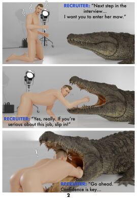 3d_(artwork) absurd_res chase_(crimsoncreaturecreations) crawling crimsoncreaturecreations crocodile crocodilian digital_media_(artwork) duo female feral hi_res human human_prey male male/female mammal nude oral_vore questionable_consent reptile scalie soft_vore studio vore willing_prey