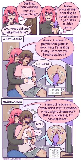 1boy 1girls anal anal_insertion anal_orgasm anal_plug black_nails blush brown_eyes brown_hair buttplug closed_eyes comic controller cum_from_anal cum_on_body cumming dialogue dominant_female drooling ear_piercing english_text erection erection_under_clothes female female_penetrating female_penetrating_male femdom flower flushed gaming gay gay_male gay_sex glasses hands-free handsfree_ejaculation heart homosexual homosexual_female homosexual_male homosexual_sex indoors lesbian lesbian_sex male male/female male_penetrated malesub moaning musical_note orgasm pink_eyes pink_hair plug_(sex_toy) precum_through_clothing prostate_orgasm prostate_stimulation sex_toy sitting_on_lap smirk smug squirming straight submissive_male sweat sweater television tongue tongue_out tremble_spikes vibrator vibrator_in_ass welcome_to_heaven x-ray