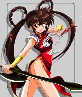 1girls 2022 ass big_ass big_breasts breasts brown_eyes brown_hair busty chinese_clothes devil_hunter_yohko female fighting_stance from_side highres large_breasts legs looking_at_viewer open_mouth retro_artstyle sakurajyousui_nami sensual serious solo sword thighs torn_clothes twintails weapon yohko_mano