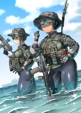 2girls absurdres aimpoint assault_rifle black_hair black_wetsuit blue_eyes bodysuit boonie_hat brown_eyes bulletproof_vest camouflage cloud combat_shirt day diving_suit eotech female frogman gloves gun gun_sling hat highres hitch_(hitch_driessen/perotoss400/kirochef) hitch_(perotoss) looking_at_viewer magazine_(weapon) mechanix mechanix_wear military_operator multiple_females multiple_girls original outdoors radio_antenna rifle rokmc_chan skin_tight smirk south_korea standing suppressor tactical_clothes vertical_foregrip wading walking water weapon wet wet_clothes wetsuit
