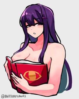 1girls artist_name big_breasts book book_covering_breasts breasts butterflan01 cleavage collarbone doki_doki_literature_club female long_hair ouch_meme purple_eyes purple_hair twitter_username yuri_(doki_doki_literature_club)