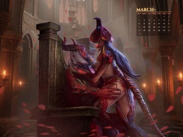 1boy 1girls aggressive arrogance_(watcher_of_realms) assertive assertive_female black_hair calendar_(medium) claws curvaceous curved_horn curved_horns curves curvy curvy_body curvy_female curvy_figure curvy_hips curvy_thighs demon demon_boy demon_girl demon_horns demon_humanoid demon_tail demoness detailed_background duo duo_focus female female_on_top glowing_eyes hips horn horns horny horny_female humanoid injury lust_(watcher_of_realms) male male/female march_(month) mobile_game monster monster_boy monster_girl official_art red_body red_skin scales scalie_humanoid side_view sitting sitting_on_chair sitting_on_lap sitting_on_person sitting_on_throne skimpy skimpy_armor skimpy_bikini skimpy_clothes skimpy_outfit straight straight_hair straight_sex succubus succubus_horns succubus_tail tail thick_thighs thighs throne throne_sex watcher_of_realms white_hair wide_hips yellow_eyes