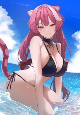 1girls 2d 2d_(artwork) alternate_costume animal_ears animal_tail big_breasts bikini bikini_bottom bikini_top black_bikini black_bikini_bottom black_bikini_top black_swimsuit bra breasts cleavage clouds day female female_focus female_only high_resolution highres hololive hololive_english hololive_english_-justice- hourglass_figure in_water light-skinned_female light_skin long_hair looking_at_viewer ocean outdoors panther_ears panther_girl panther_tail pink_hair raora_panthera si_farid sky slim_female smiling smiling_at_viewer solo solo_female solo_focus summer swimsuit thong thong_bikini two-tone_hair two_piece_swimsuit virtual_youtuber vtuber vtuberfanart water white_hair young younger_female