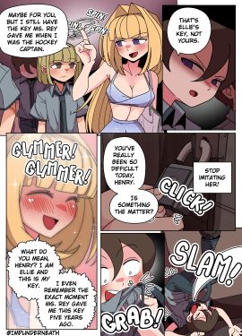 1girls blonde_hair blush bra bullying color comic disguise ellie_(impunderneath) ellie_skinsuit english_text female genderswap genderswap_(mtf) imposter impunderneath long_hair male_in_female_body original original_character perfect_disguise possessed possession purple_eyes skinsuit