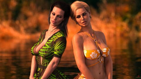 2023 2girls 3d bikini black_hair blonde_hair breasts clothed clothing depth_of_field dress earrings female female_only hoop_earrings large_areolae large_breasts mature mature_female medium_hair milf multiple_females multiple_girls necklace nipple_peek orange_bikini outdoors outside pattern_clothing sagging_breasts short_hair standing standing_in_water wck3d wide_hips