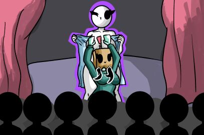 ! 2girls alternate_version_available areola areola_slip audience bald bald_female black_eyes black_hair black_hair_female breasts chetoh claire_(chetoh) clothed_female clothed_female_nude_female clothes_pull commission commissioner_upload completely_nude convenient_censoring convenient_censorship covering_breasts covering_crotch covering_partner crown curtains curtains_open egg exclamation_point female female_only flashing green_sweater hands_raised naked naked_female nude nude_female oc original original_character original_characters paper_bag paper_bag_on_head rose_(chetoh) smile smiling stage stage_curtains white_body wink winking