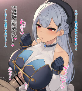 1boy 1girls bar_censor bare_shoulders beret black_gloves black_hat braid breasts brown_background censored cleavage_cutout clothed_female_nude_male clothing_cutout commentary_request crown_braid dark-skinned_male dark_skin detached_sleeves female furrowed_brow gloves grey_hair hakase_fuyuki hat heart highres huge_breasts light-skinned_female light_skin long_hair male nijisanji paid_reward_available paizuri paizuri_under_clothes parted_lips penis perpendicular_paizuri red_eyes simple_background sleeveless solo_focus sound_effects spoken_heart straight sweat translation_request trembling twitching_penis upper_body veryhardloco virtual_youtuber