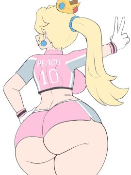 1girls ass back_view big_ass big_butt blonde_female blonde_hair breasts female mario_(series) mario_strikers mario_strikers_peach_back_view_redraw_(meme) nintendo peace_sign pink_shorts princess_peach sideboob sportswear ytrall
