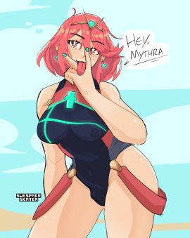 1futa bulge bulge_through_clothing futa_only futanari intersex one-piece_swimsuit pyra pyra_(xenoblade) small_bulge subspaceskater swimsuit tongue tongue_out trans_woman transfem xenoblade_(series) xenoblade_chronicles_2