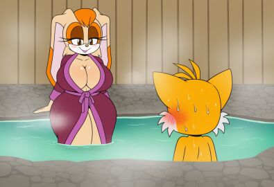 1boy1girl ai_generated bathrobe blush duo hot_spring huge_breasts male/female novelai seductive smile sonic_(series) sonic_the_hedgehog_(series) sweat tails tails_the_fox vanilla_the_rabbit