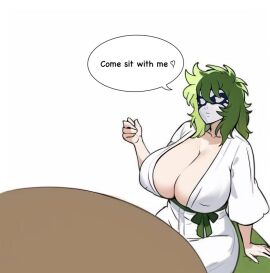 1girls big_breasts breasts breasts_focus busty busty_female dialogue english_dialogue english_text eolia_34 fat_breasts female female_focus female_only green_hair long_hair masked masked_female ophiuchus_shaina saint_seiya shounen_jump silver_saints sitting solo_female solo_focus