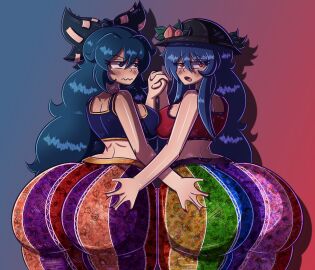 2girls ass ass_grab back_view blue_eyes blue_hair blush breasts color embarrassed enormous_ass erofabist fabstdraws fat_ass forbidden_pants grabbing grabbing_ass grope groping hand_on_ass hat holding_hands huge_ass peach_(fruit) red_eyes ribbon shion_yorigami simple_background sports_bra tenshi_hinanawi thick_ass thick_thighs touhou yuri