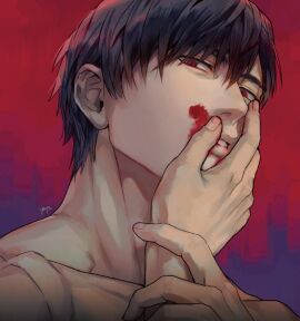 1boy black_hair expressionless holding_another's_wrist looking_at_viewer male male_focus male_only muscular muscular_male original red_eyes solo_focus yukibi_(ykb)