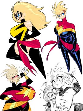 2girls alcohol big_breasts blonde_hair breasts busty captain_marvel carol_danvers domino_mask drinking female female_only giant_breasts huge_breasts ilikestuffdoyou kamala_khan marvel marvel_comics massive_breasts ms._marvel ms._marvel_(carol_danvers) ms._marvel_(kamala_khan) multiple_females multiple_girls superheroine tagme theguywhodrawsalot