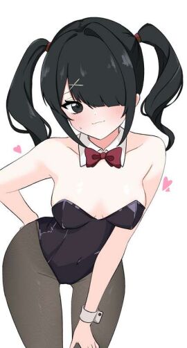 1girls ame-chan ame-chan_(needy_girl_overdose) bending_forward black_hair breasts bunny_suit female female_focus female_only hair_covering_eye inami_(x_spidekawaii_x) large_breasts looking_at_viewer needy_girl_overdose needy_streamer_overload tagme