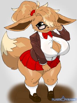 anthro ass big_ass big_breasts big_butt big_thighs braces breasts eevee female fur glasses hair_over_one_eye nerd nerdy_female nervous_smile no_text_version plastic_pyramid png pokemon pokemon_(species) school_uniform shortstack thick_thighs