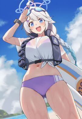 :d ahoge ai_generated alternate_costume arm_up ass_visible_through_thighs beach bikini bikini_under_clothes black_vest blue_archive blue_eyes blue_hair blue_halo blue_sky blurry_background blush braid braided_ponytail breasts clothing cloud cloudy_sky collarbone cowboy_shot crop_top day eyewear eyewear_on_head female goggles goggles_on_head gradient_hair hair_ornament hairclip halo holding holding_swim_ring innertube kirino_(swimsuit)_(blue_archive) large_breasts long_hair looking_at_viewer looking_down midriff multicolored_hair nakatsukasa_kirino navel ocean open_mouth outdoors purple_bikini salute see-through see-through_shirt shaddai shirt short_sleeves single_braid sky smile solo standing stomach sunglasses sweat swept_bangs swim_ring swimsuit teeth thighs tied_shirt twin_braids upper_teeth_only vest watch wet wet_clothes wet_shirt white_hair white_shirt wristwatch