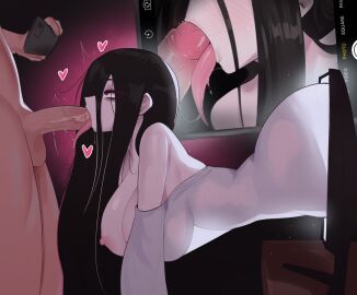 1boy 1girls <3 areolae ass big_breasts black_hair blowjob breasts close-up coming_out_of_tv fellatio female fi_zz_ill ghost ghost_girl hair_over_one_eye heart hi_res long_hair long_tongue looking_at_partner looking_up male nipples oral partially_clothed penis portal portal_sex presenting red_eyes sadako_yamamura screen stuck the_ring thick_thighs thinking_with_portals through_screen very_high_resolution yamamura_sadako