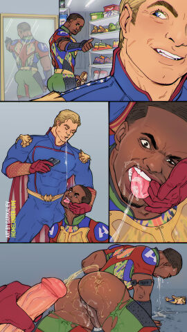 a-train anus ass balls bara big_penis blonde_hair brown_skin clothing comic dark-skinned_male dark_skin dominant dominant_male domination erection gay gay_domination homelander male male/male male_only masculine_male mature_male muscular muscular_male peeing penis the_boys tight_clothing very_dark_skin yaoi