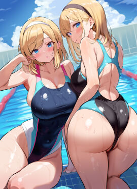 2girls absurdres ass back black_hairband blonde_hair blue_eyes blue_sky blush breasts cleavage cloud collarbone competition_swimsuit covered_navel day female hairband hand_in_own_hair highleg highres ichi-jirushi large_breasts long_hair looking_at_viewer looking_back multiple_females multiple_girls one-piece_swimsuit original outdoors parted_lips partially_visible_vulva pool poolside pussy shoulder_blades sky swimsuit thighs wet white_hairband