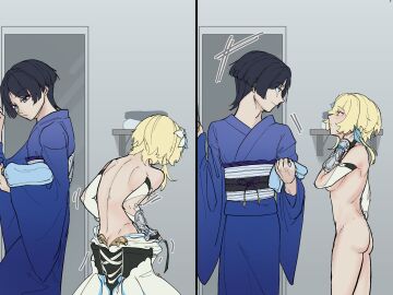 1boy 1girls blonde_hair blue_hair blush female genshin_impact jeulgeoung54821 kimono lumine_(genshin_impact) male naked naked_female pulling_clothing scaramouche_(genshin_impact) straight surprised surprised_expression undressing