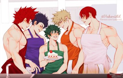 2boys 5boys apron bakugou_katsuki bangs black_hair blonde_hair blush bones_(company) burn_scar cake clothing cup curly_hair eijirou_kirishima food freckles frizzy_hair fruit green_apron green_eyes green_hair hadaka_apron harem hitoshi_shinso holding holding_food holding_plate izuku_midoriya katsuki_bakugou kirishima_eijirou licking_lips looking_at_another male male_focus male_harem midoriya_izuku multicolored_hair multiple_boys multiple_males muscles muscular muscular_male my_hero_academia open_mouth pectorals plate red_apron red_eyes red_hair scar shinsou_hitoshi short_hair shounen_jump shouto_todoroki smile spiky_hair strawberry teeth todoroki_shouto tongue tongue_out white_apron white_background wholesome yaoi yukarietd